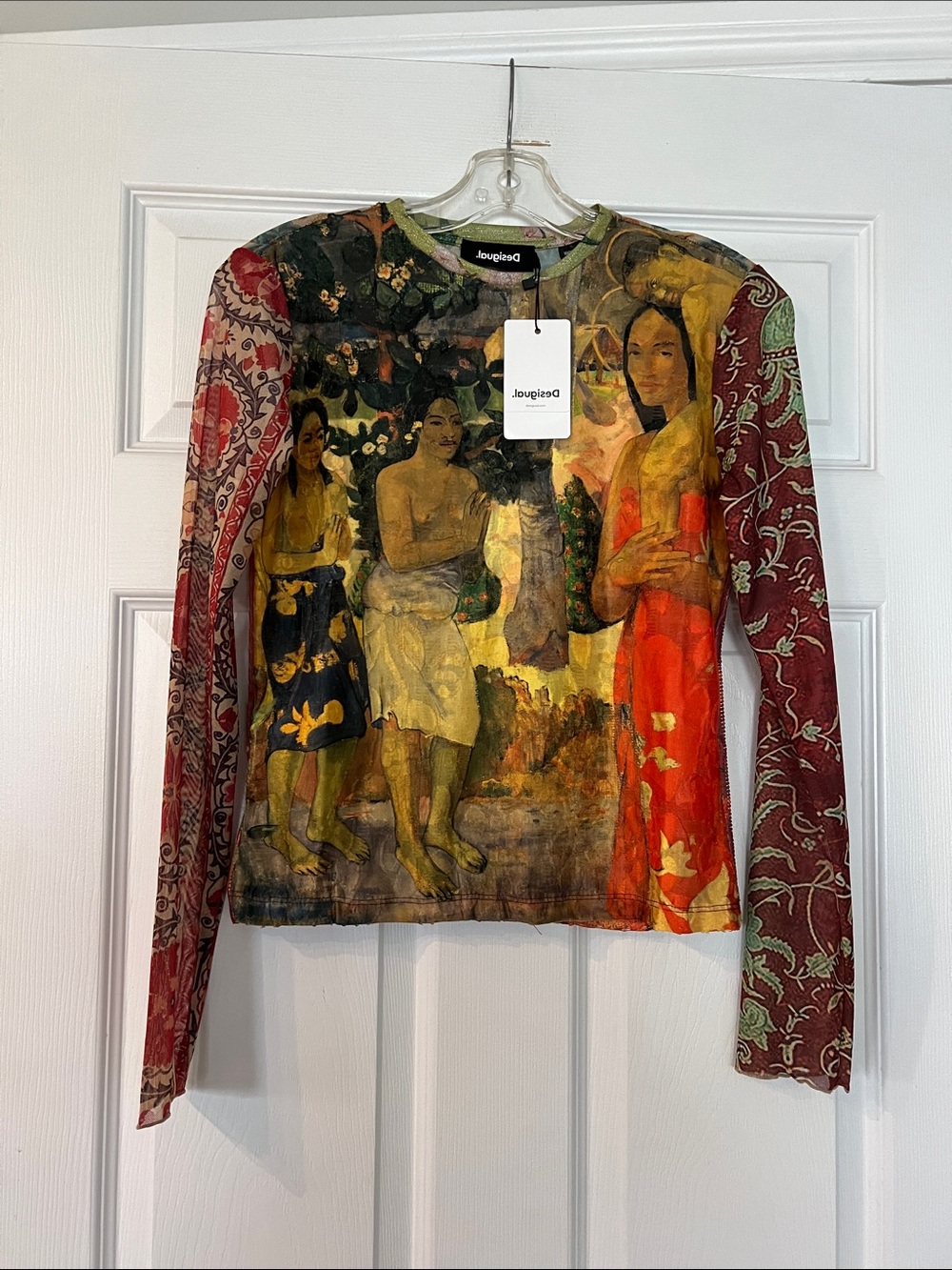 Desigual Multicolor Scenic Artprint Long Sleeve Top with Red Sleeves
